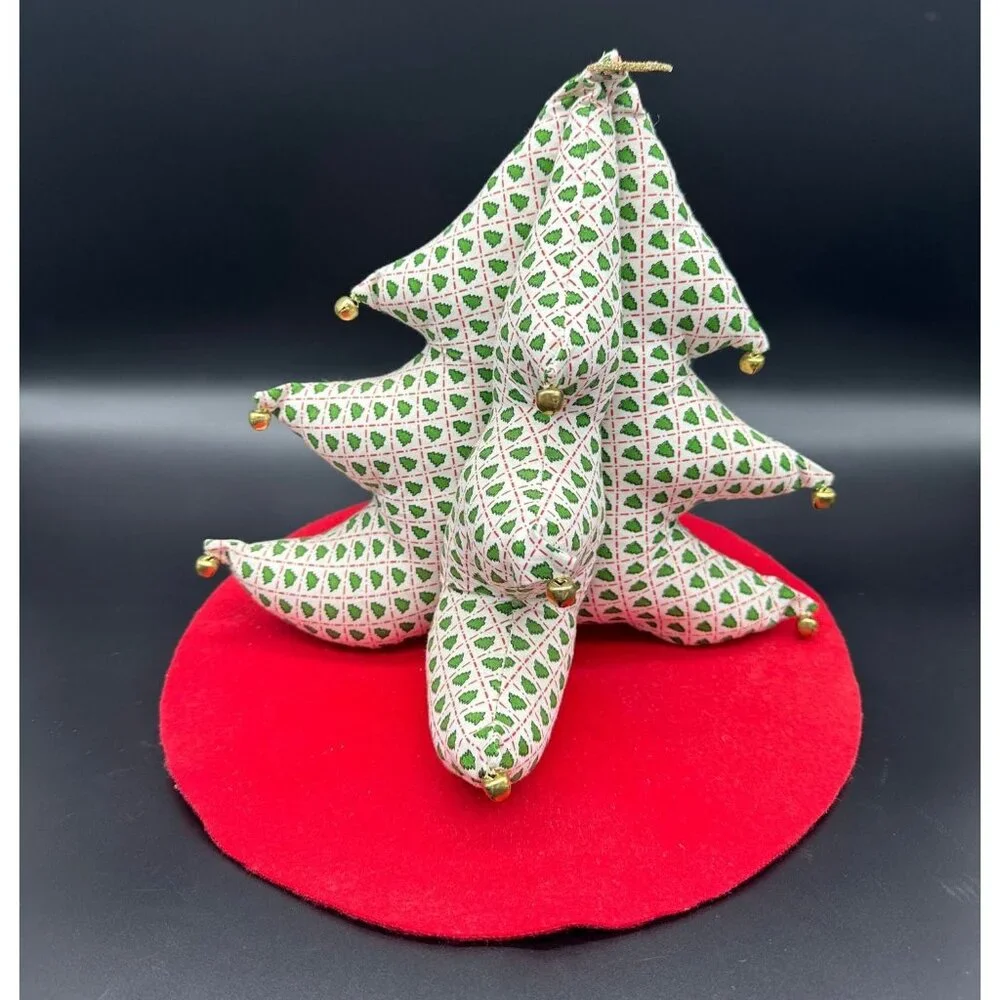 Vintage Christmas Tree Handmade Fabric Tabletop Display Retro White Green Bells - Picture 2 of 10